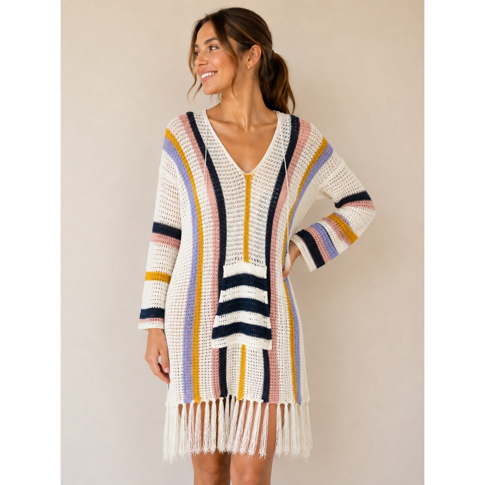JadyK Womens L/XL Crochet Knit Striped Fringe Swim Cover Up Dress V-Neck Tassel